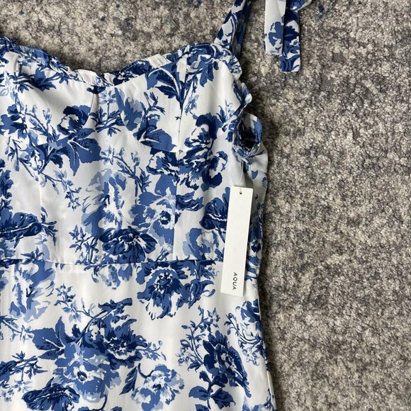 AQUA Dress Womens Medium Blue Floral Tie Strap Maxi Ruffle Hem Summer NWT - Picture 5 of 9